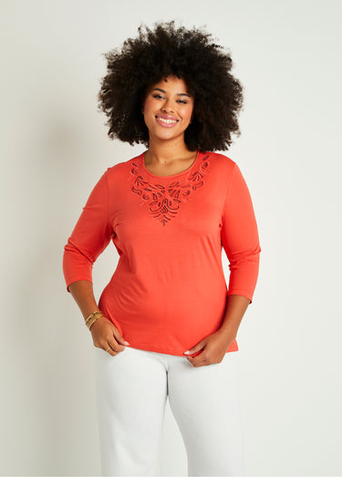 T-shirt court brodé manches 3/4 Orange
