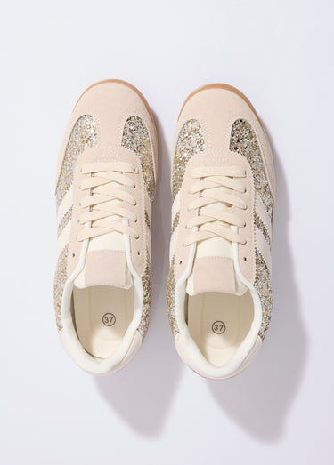 Sneakers inspiration rétro, à paillettes Beige