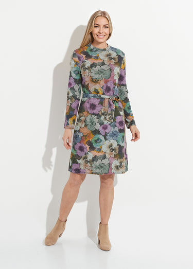 Robe fleurie ceinturée col montant chaude Gris/Parme