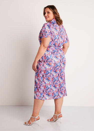 Robe droite ceinturée mi longue imprimée Bleu/Rose