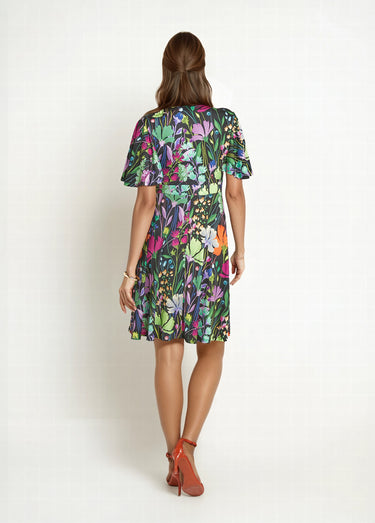 Robe courte fluide manches papillon, fleuri Imprime Fond Noir