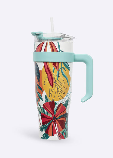 Mug de transport 1,2L floral avec paille Bleu