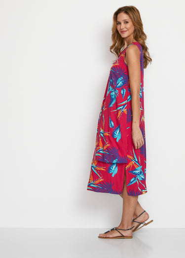 Robe mi-longue sans manches motif végétal Fond Framboise