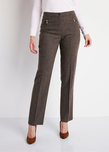 Pantalon droit chevrons ou chiné entrejambe 70 cm Chine Marron