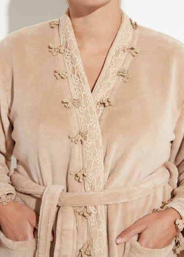 Robe de chambre polaire bord dentelle Taupe
