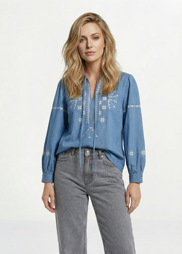 Blouse chambray broderies point de croix Bleu Stone