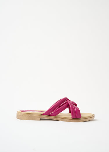 Mules compensées brides croisées cuir Fuchsia