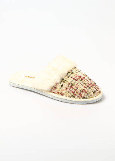 Chaussons mules tweed et fourrure Rouge