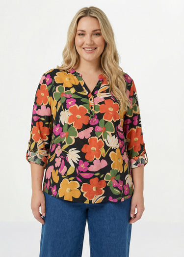 Blouse encolure V motif fleuri vif Multicolore/fond noir