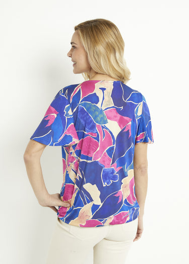 T-shirt cache-coeur long blousant motif floral Bleu/Rose