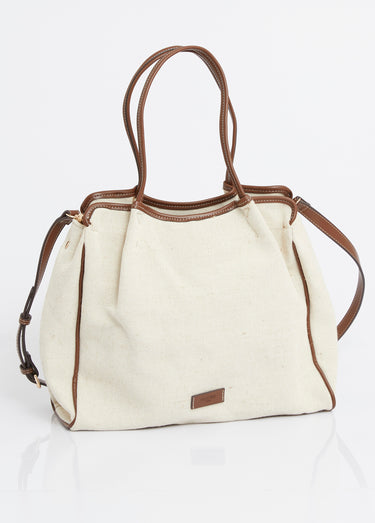 Sac shopping toile, détails simili cuir Ecru