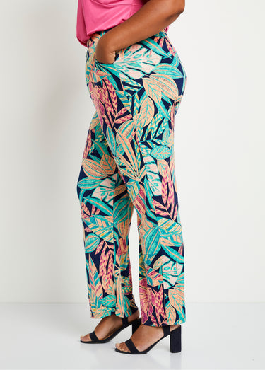 Pantalon large ceinture élastiquée feuillage Vert/Rose