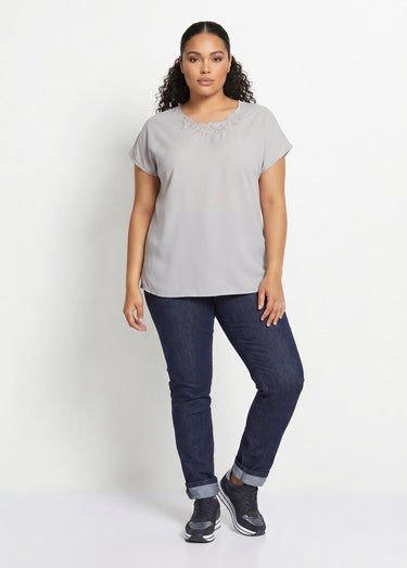 Top long manches courtes broderies col rond Argent