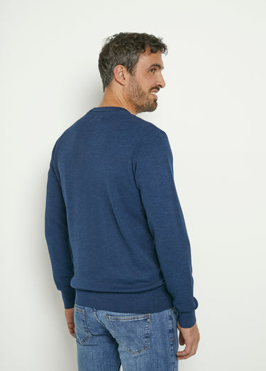 Pull jacquard col V chaud en laine mérinos Indigo