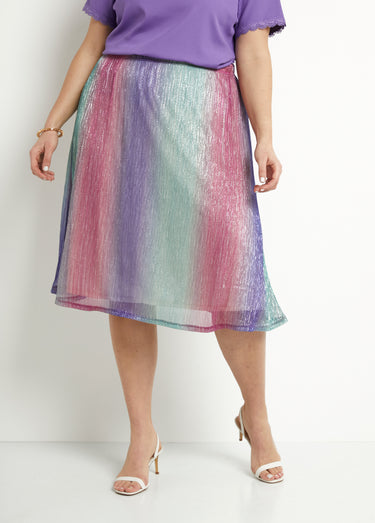 Jupe évasée mi longue brillante taille élastiquée Rose/Aqua