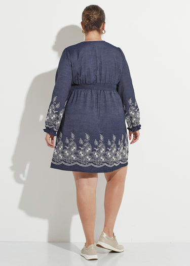 Robe denim taille haute avec broderies Bleu