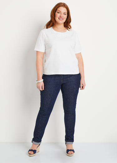 T-shirt manches courtes col brodé clouté Blanc