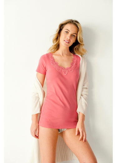 Maillot de corps manches courtes coton guipure Terracotta