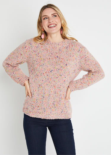Pull chaud mouliné col rond avec laine et mohair Rose/Vert