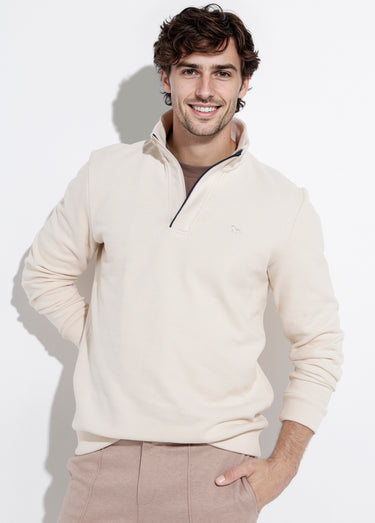 Pull épais jersey de coton, col zippé Beige