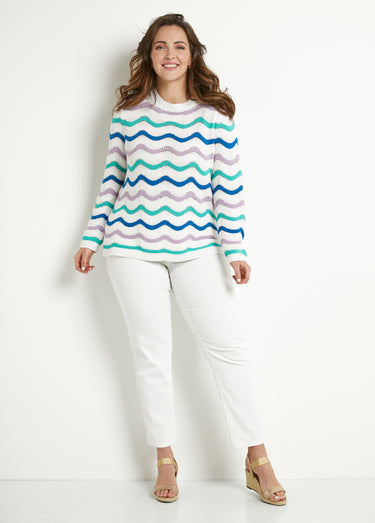 Pull doux col rond reliefé rayé point mousse Fond Ecru