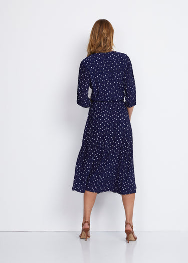 Robe mi longue cache-coeur pois Marine / Blanc