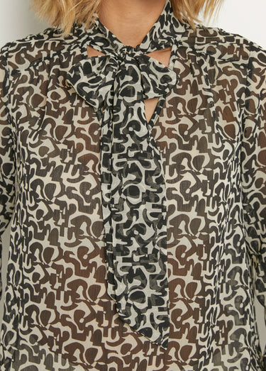 Tunique voile  imprimé manches 3/4 lavallière Noir/Ecru
