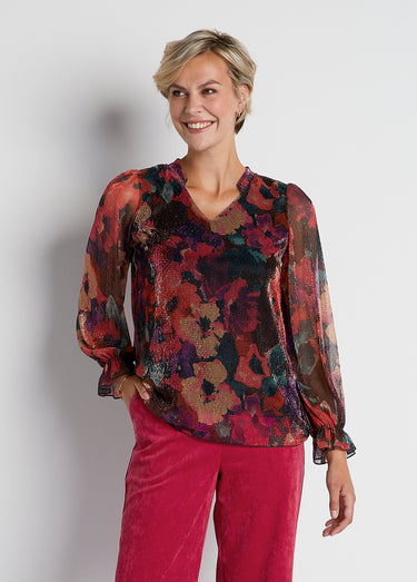 T-shirt maille résille plissée imprimé floral Imprime Rouge