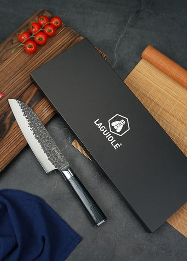 Couteau Santoku lame martelée + étui, Sen Noir