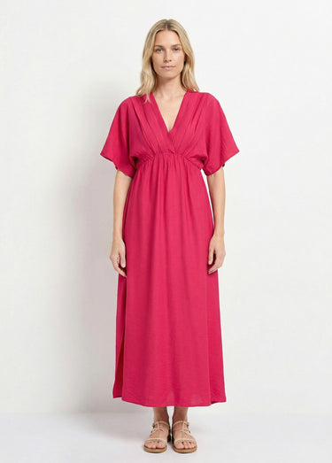 Robe longue col V plissé devant et dos Fuchsia