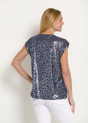 T-shirt sans manches motif léopard métallisé Marine irisé