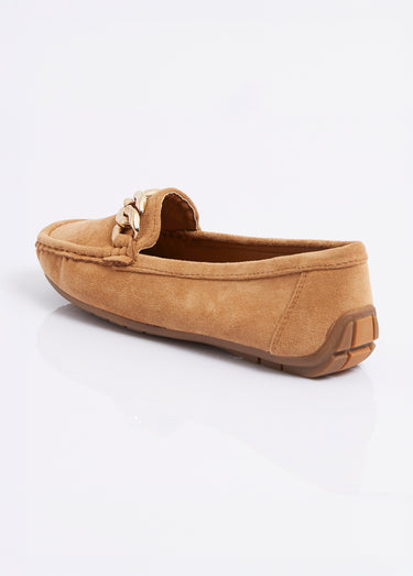 Mocassins suédine, bride maillons métal Camel
