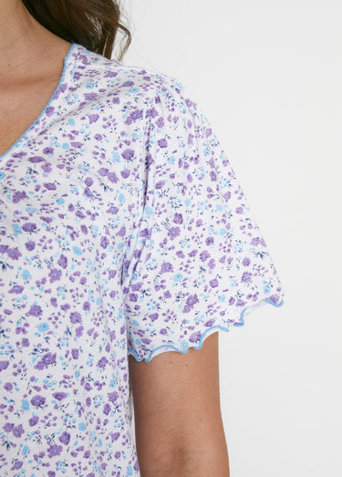 Chemise de nuit mi-longue manches courtes Lilas/Bleu