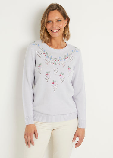 Pull doux uni brodé ajouré col rond Argent