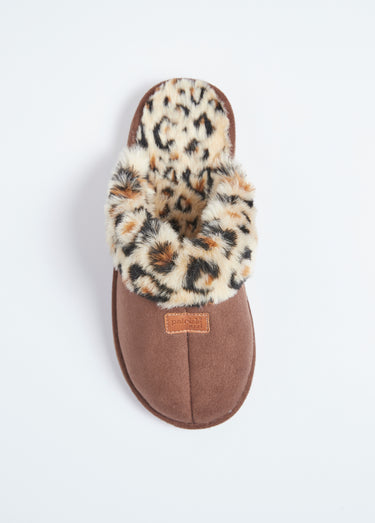 Chaussons mules confort léopard fourrés Marron
