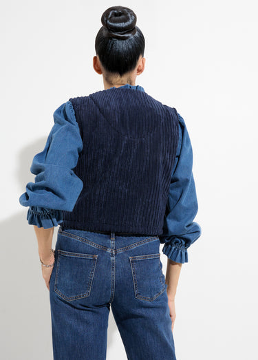Veste zippée col V sans manches velours Marine