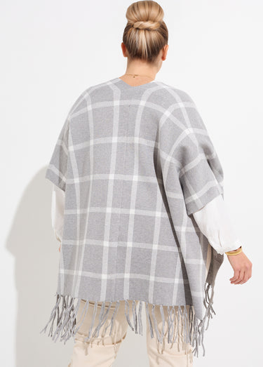 Poncho cape en maille, motif carreaux Carreaux Gris