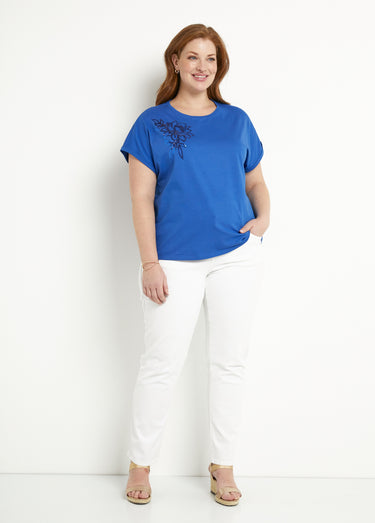 T-shirt coton uni sequins manches courtes Bleu Dur
