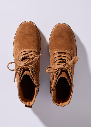 Bottines en cuir crantées, talon large Camel