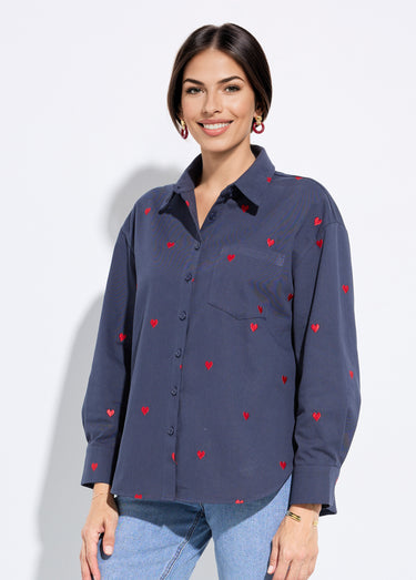 Surchemise en twill avec cœur brodés Marine