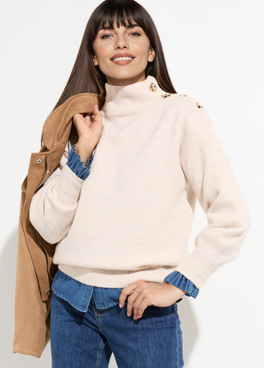 Pull col montant boutons bijou métal Beige
