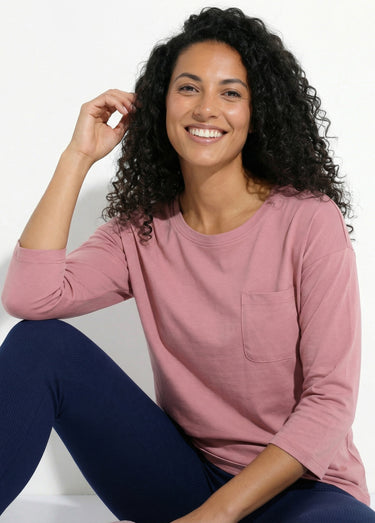 T-shirt coton uni col rond manches 3/4 Rose