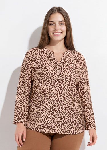 Tunique col V boutonné, taches léopard Leopard Marron
