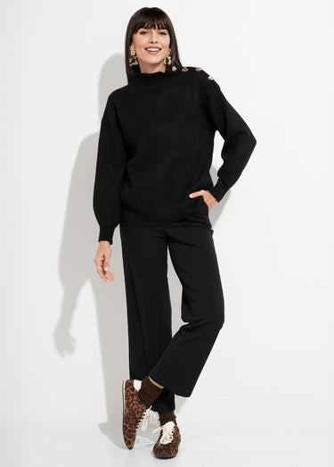 Pull col montant boutons bijou métal Noir