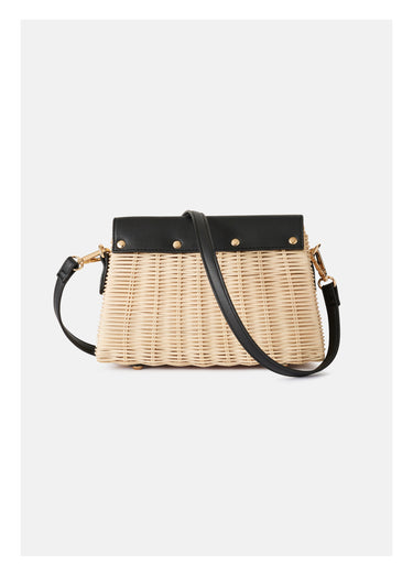 Sac besace bicolore rotin tressé Naturel / Noir