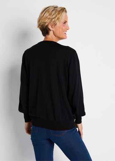 Pull court col V avec laine mérinos Noir