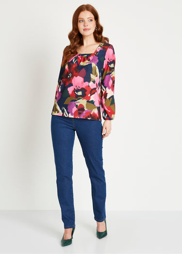 T-shirt évasé long col carré imprimé Marine/Rose