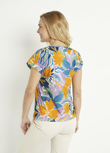 T-shirt fleuri col rond manches courtes Parme/Ocre