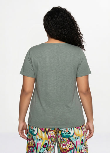 T-shirt coton maille flammée dentelle Kaki