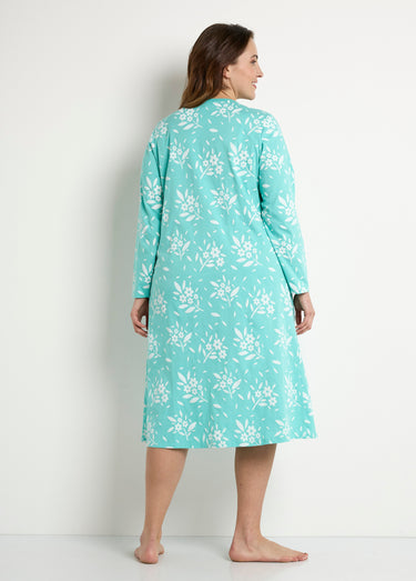 Chemise de nuit boutonnée coton mi longue fleurie Vert